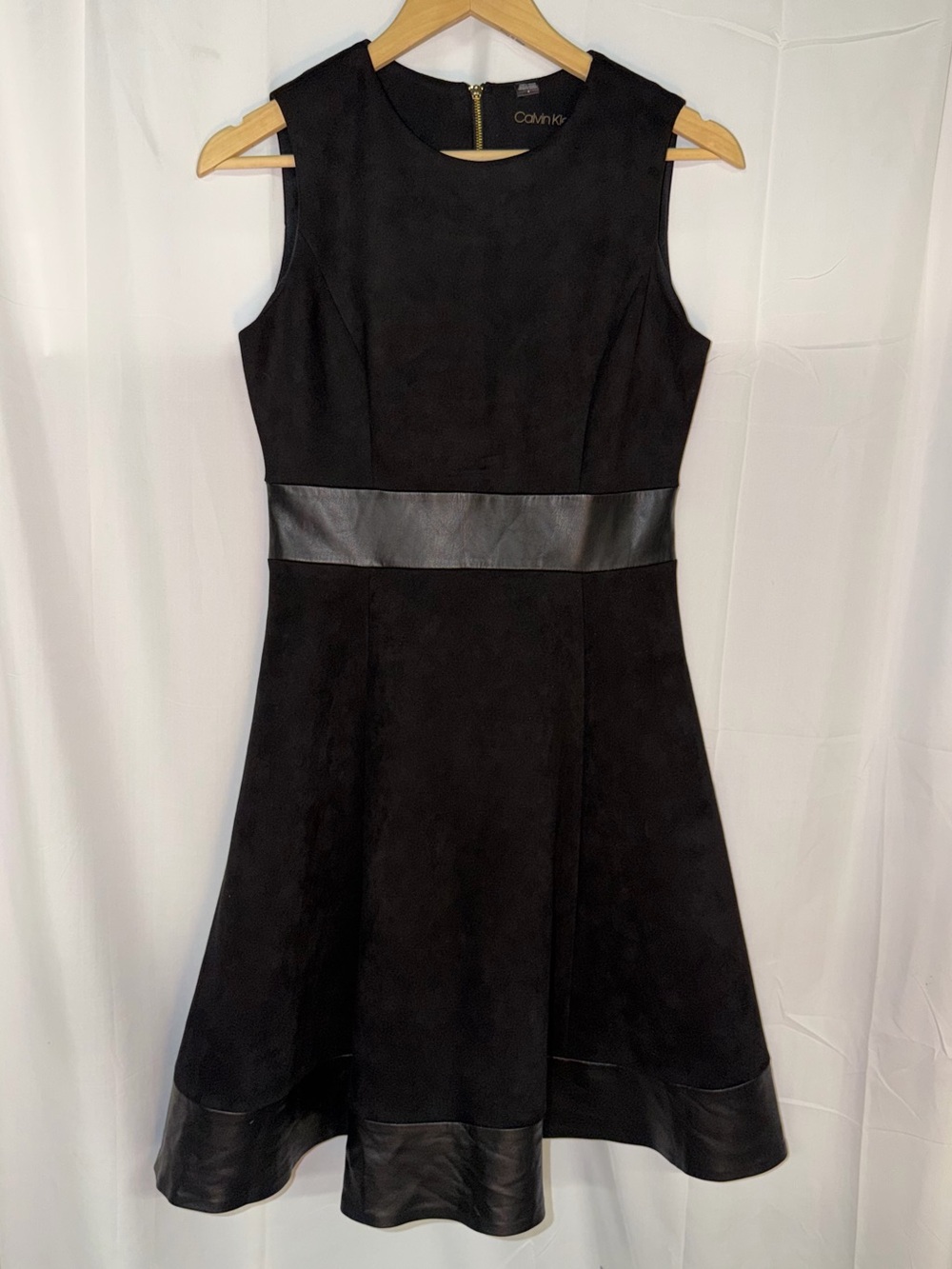 Calvin Klein Black Sleeveless A-Line Dress with Leather Trim